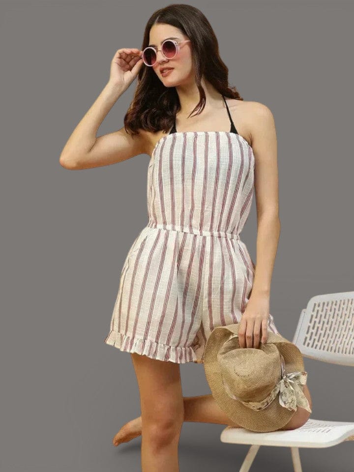 White Stripe Off Shoulder Beachwear Cotton Playsuit