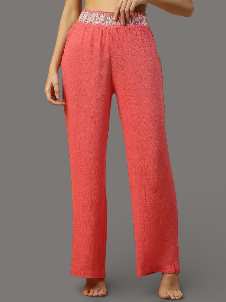 Women Red Elasticated Long Beachwear Relaxed Pant