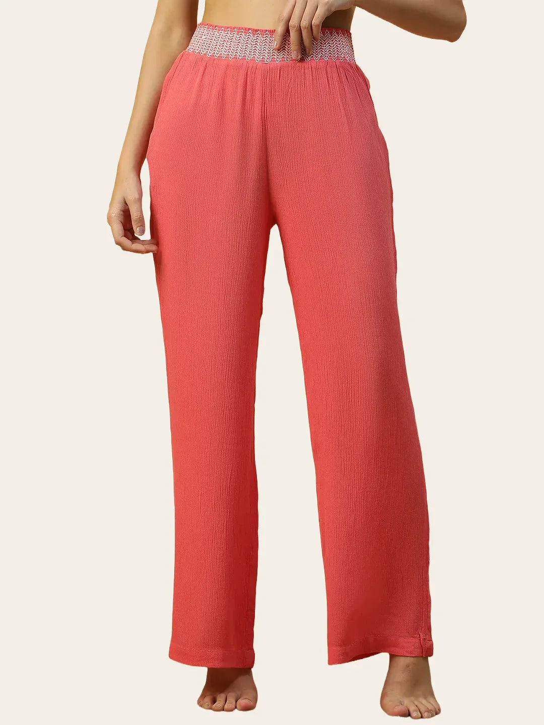 Women Red Elasticated Long Beachwear Relaxed Pant