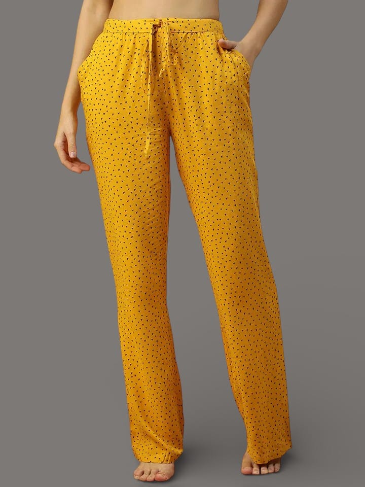 Women Yellow Printed Nightwear Pajama Elastic Waist with Tie-Up