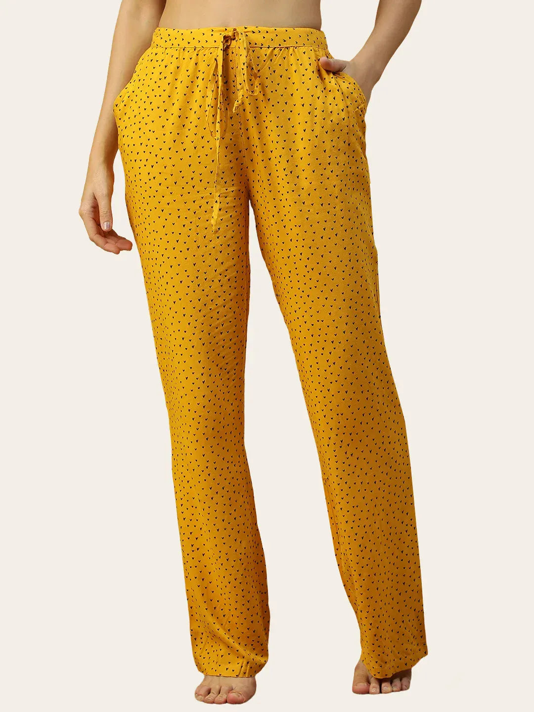 Women Yellow Printed Nightwear Pajama Elastic Waist with Tie-Up