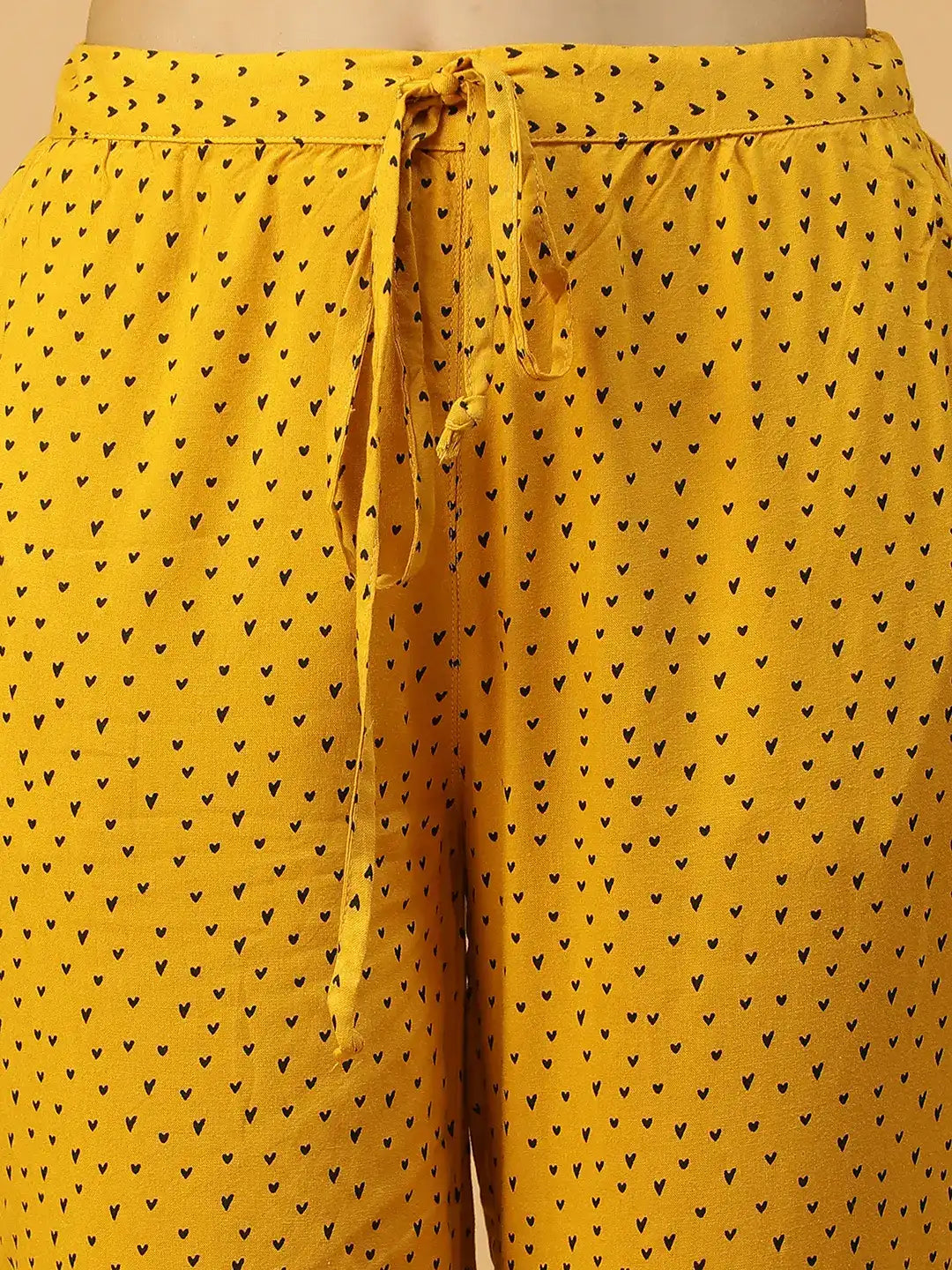 Women Yellow Printed Nightwear Pajama Elastic Waist with Tie-Up