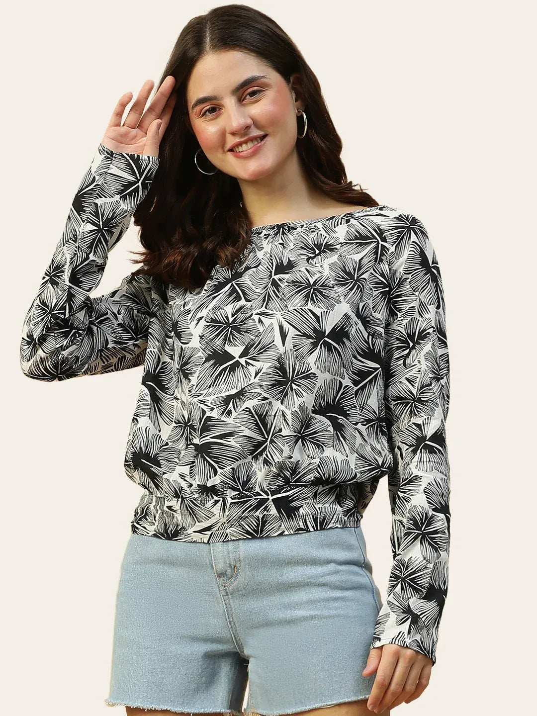 Black Floral Print  Long Sleeve Women's Top