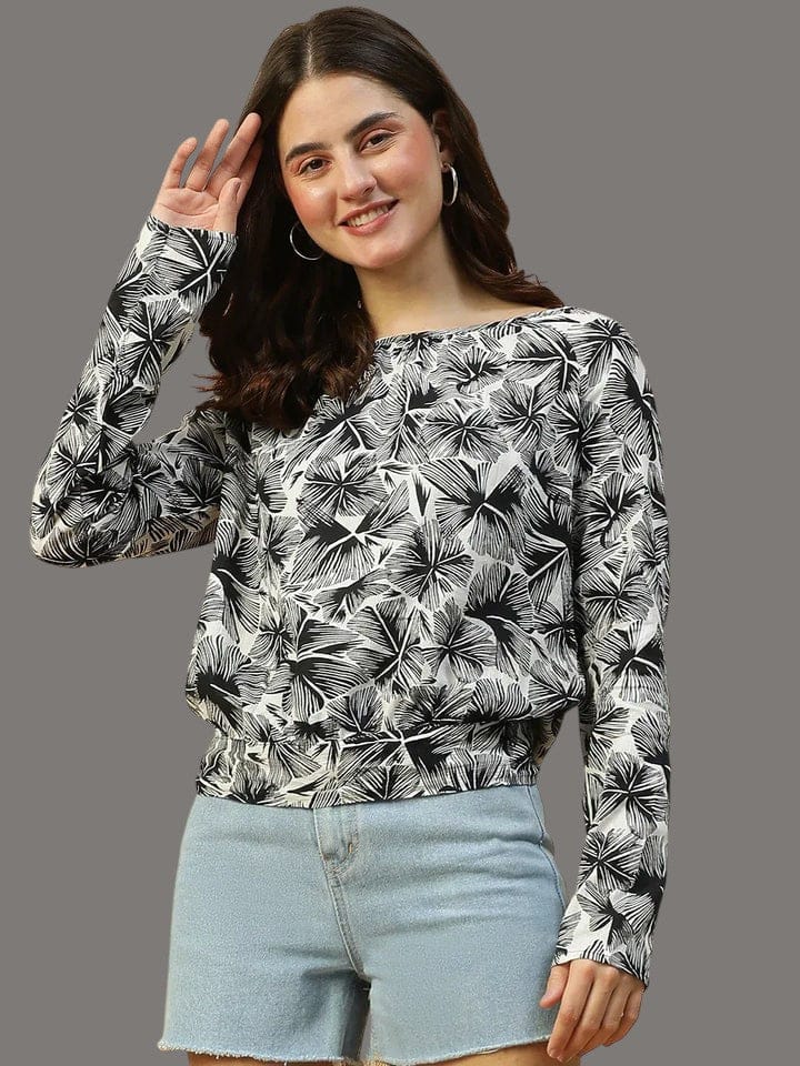 Black Floral Print  Long Sleeve Women's Top
