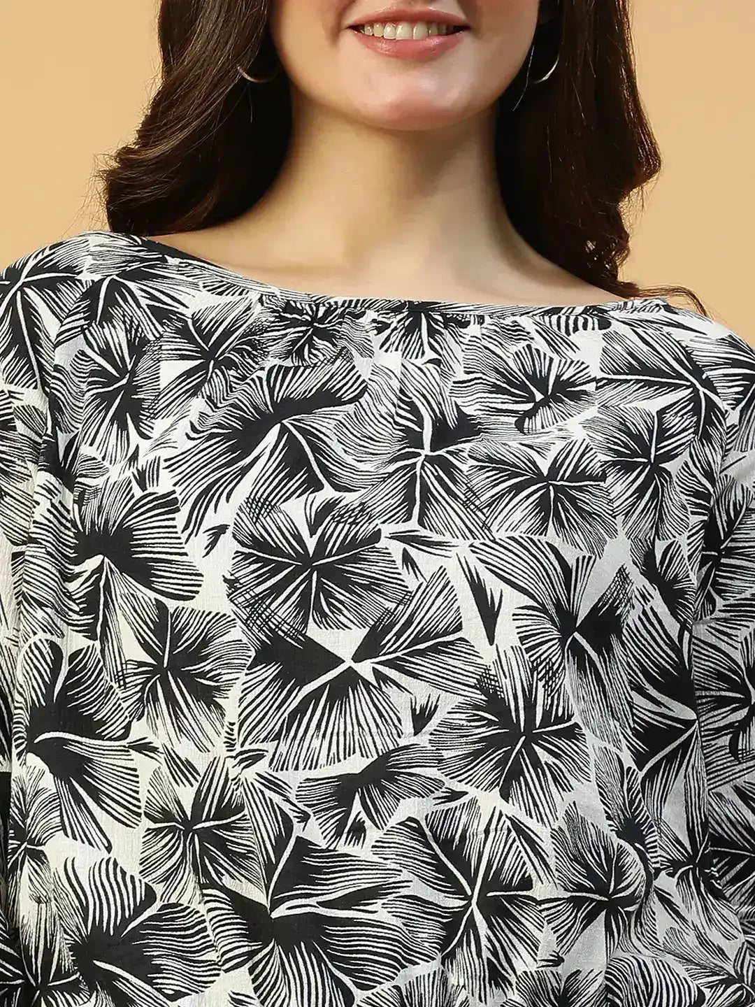 Black Floral Print  Long Sleeve Women's Top