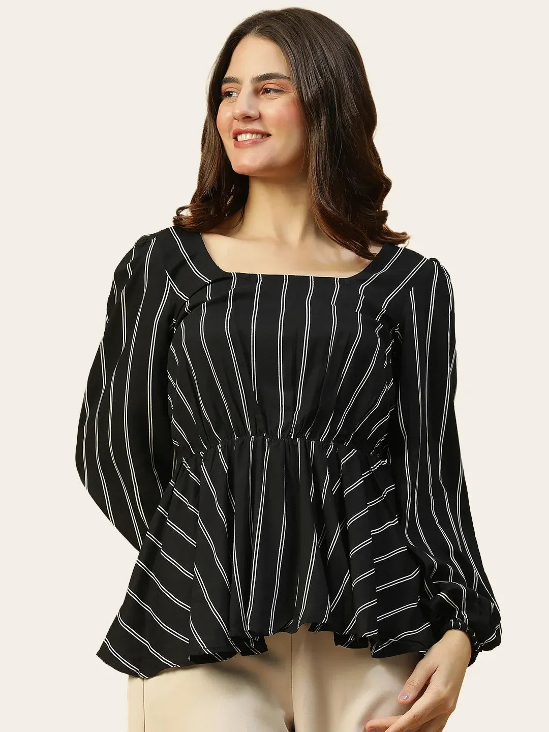 Black Stripe Print Women's Peplum Top