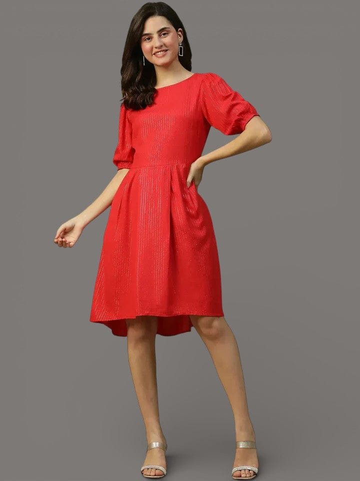 Women Red Glittery Short Sleeve Cotton Dress