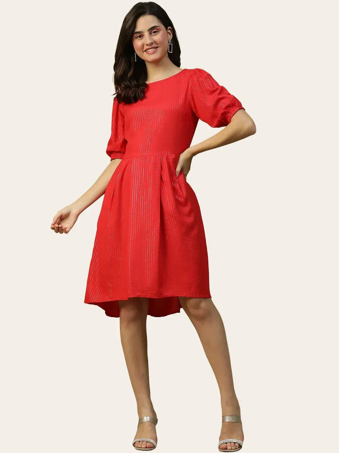 Women Red Glittery Short Sleeve Cotton Dress