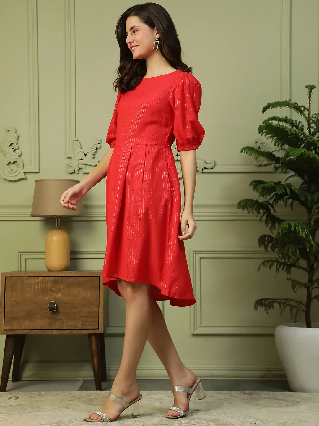 Red Glittery Stripe Cotton Dress