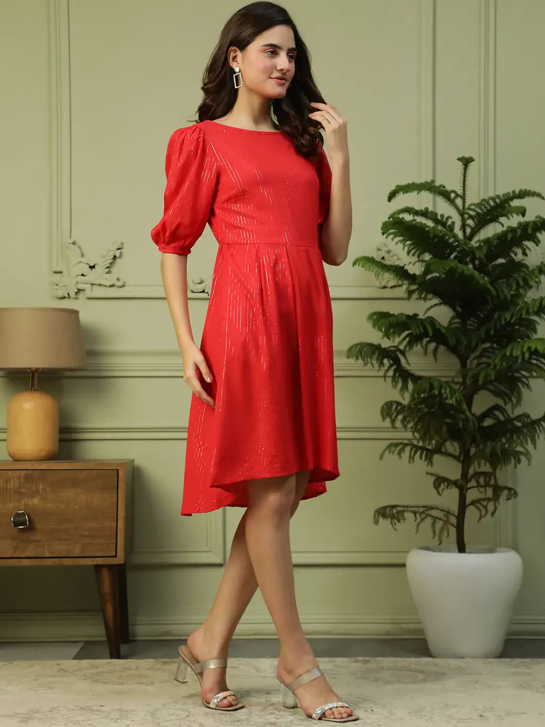 Red Glittery Stripe Cotton Dress