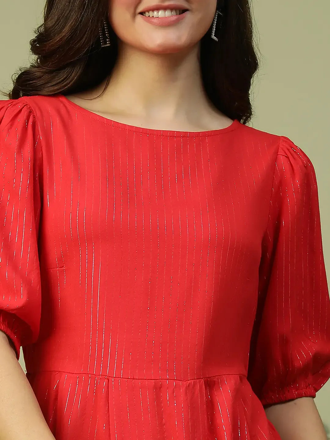 Women Red Glittery Short Sleeve Cotton Dress