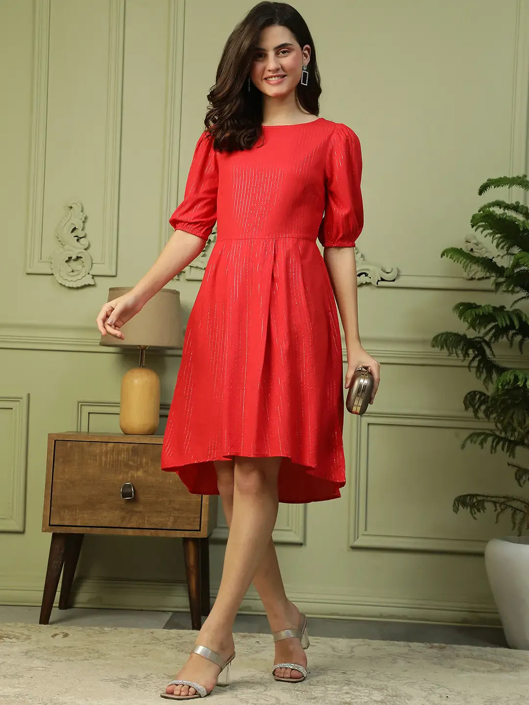 Red Glittery Stripe Cotton Dress