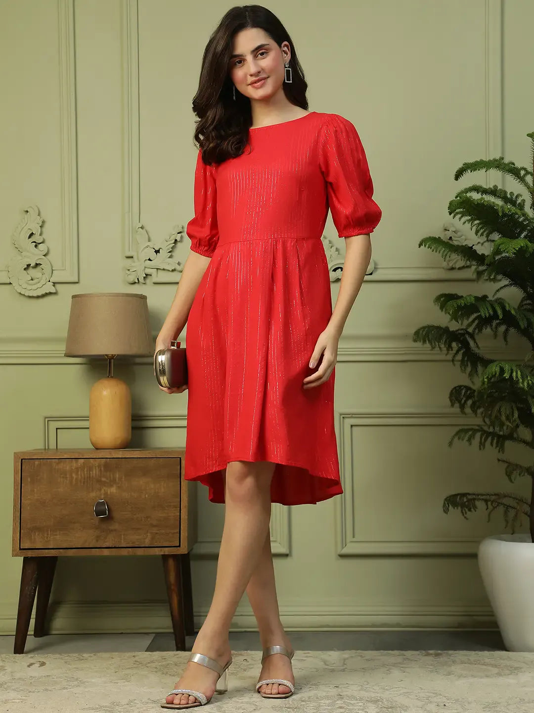 Red Glittery Stripe Cotton Dress