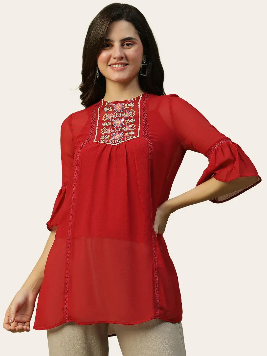 Red Women’s Long Top with 3/4 Bell Sleeves & Embroidery