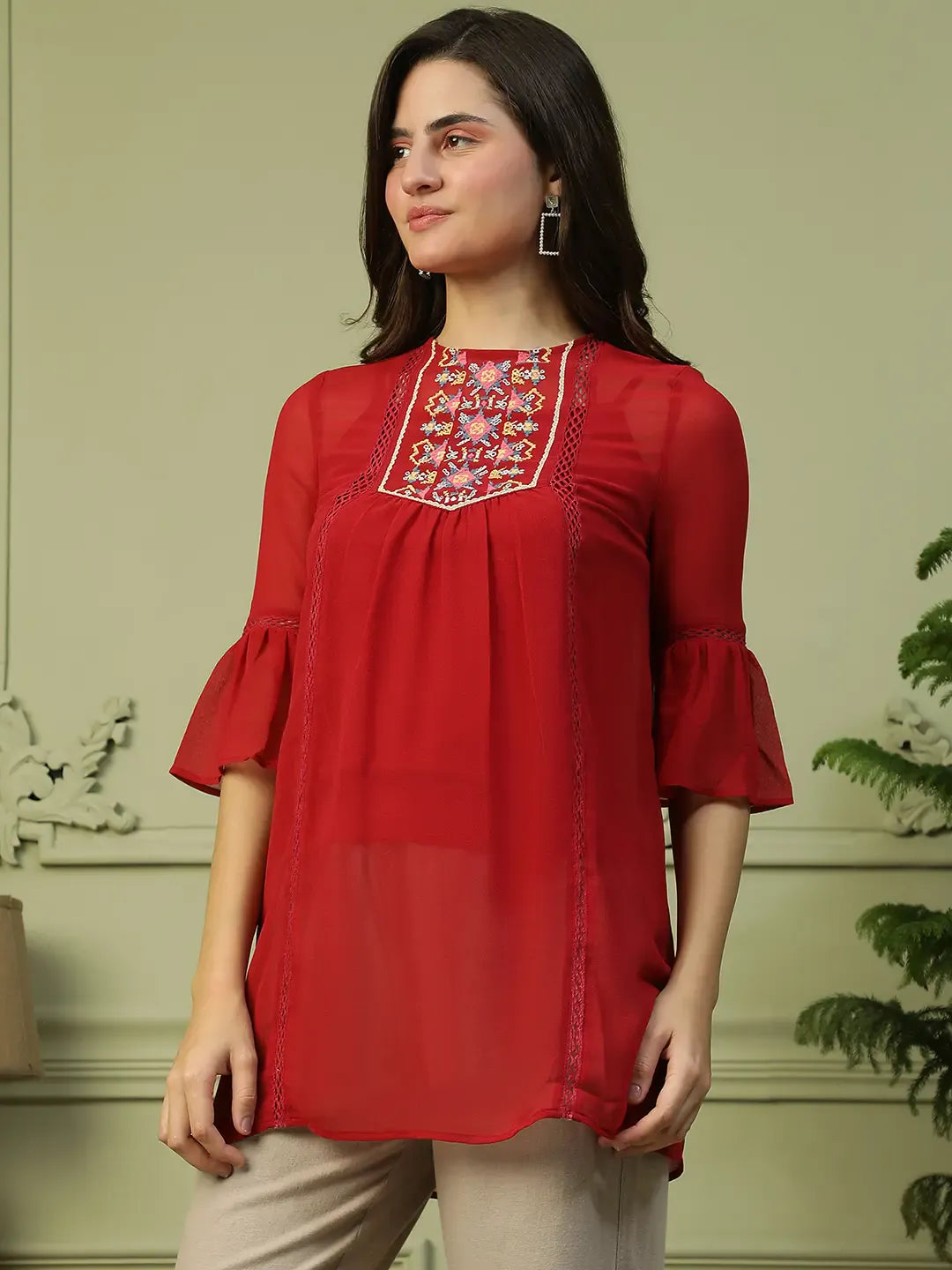 Red Women’s Long Top with 3/4 Bell Sleeves & Embroidery