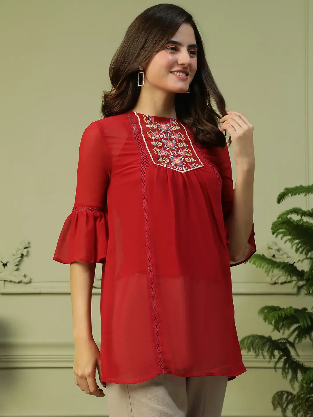 Red Women’s Long Top with 3/4 Bell Sleeves & Embroidery