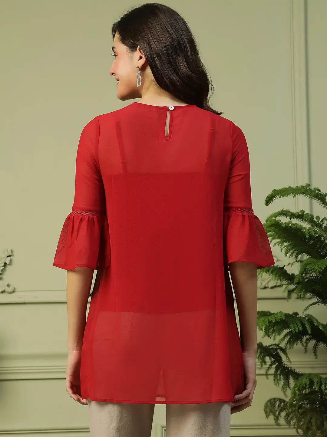 Red Women’s Long Top with 3/4 Bell Sleeves & Embroidery