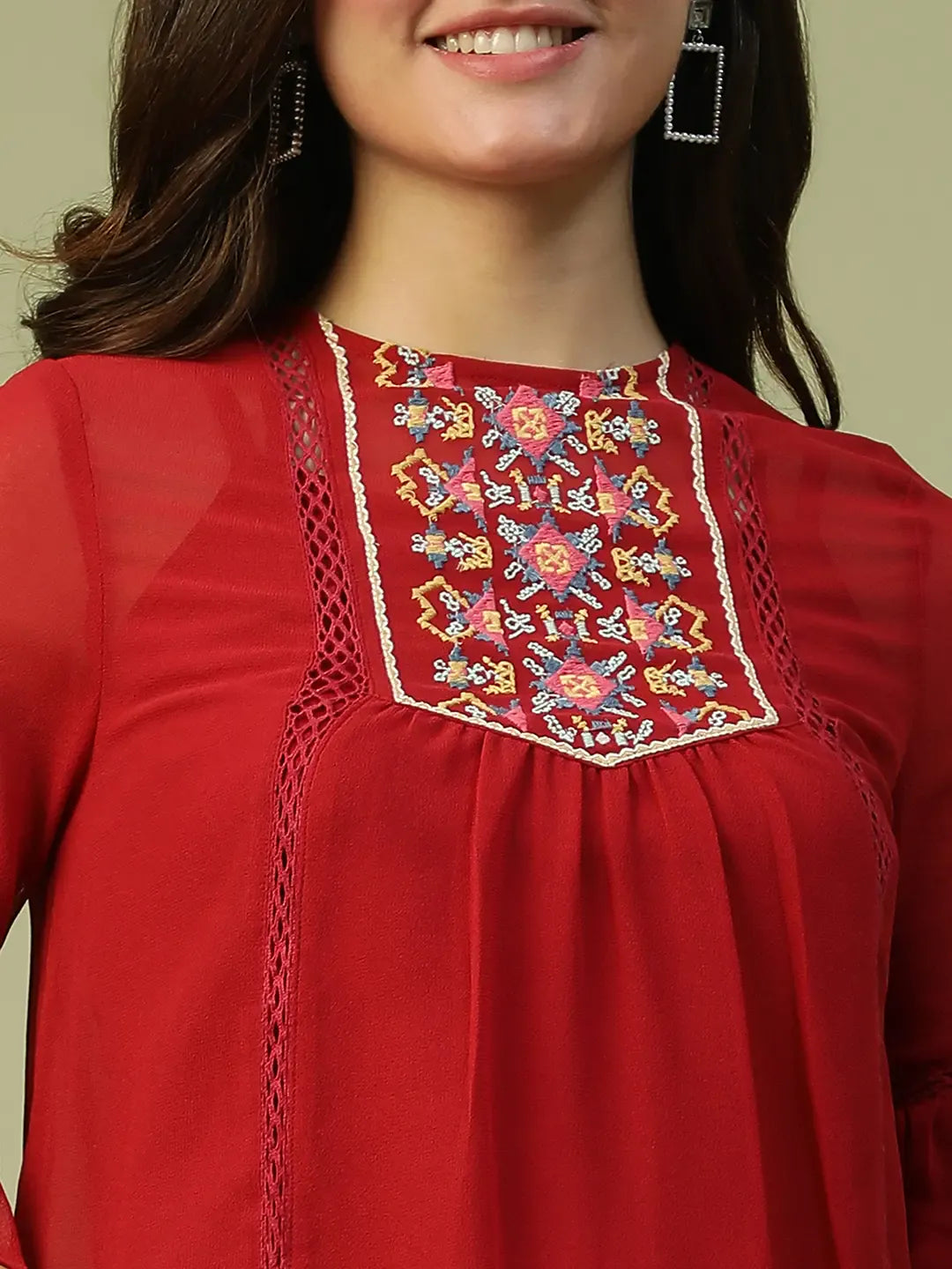 Red Women’s Long Top with 3/4 Bell Sleeves & Embroidery