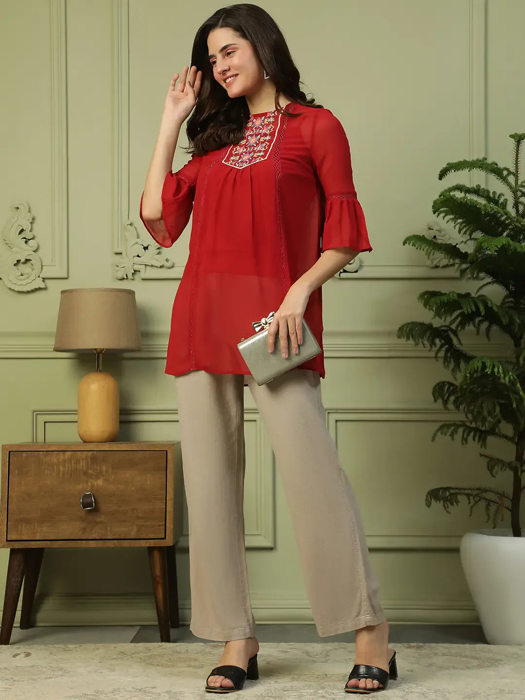 Red Women’s Long Top with 3/4 Bell Sleeves & Embroidery