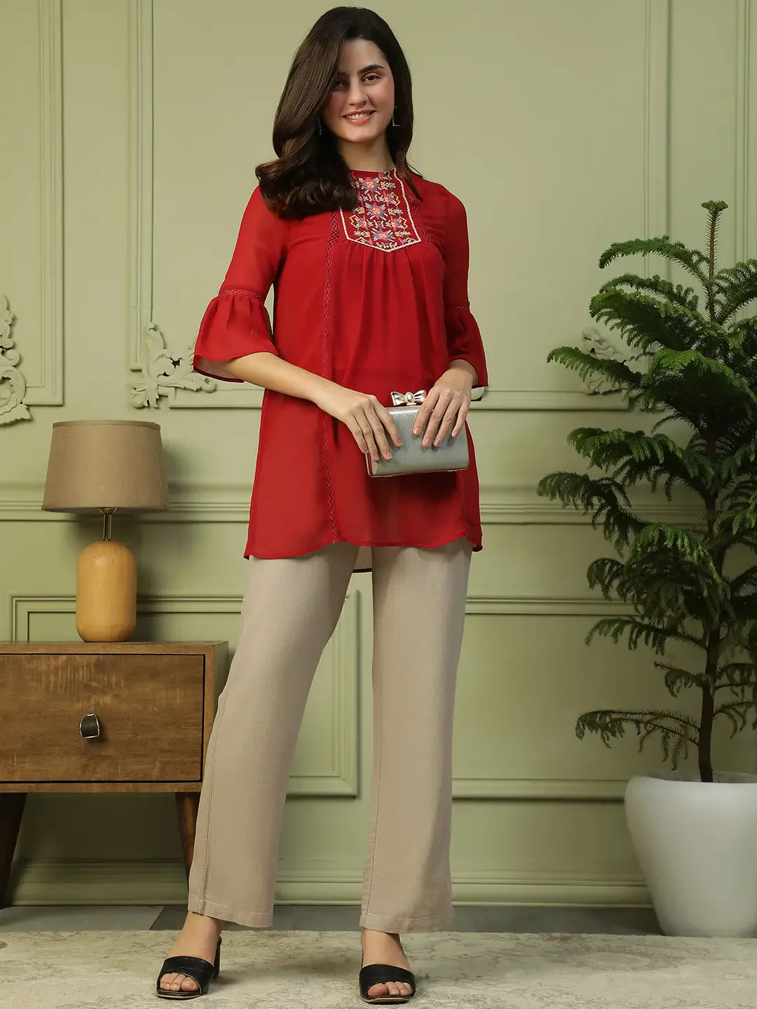 Red Women’s Long Top with 3/4 Bell Sleeves & Embroidery