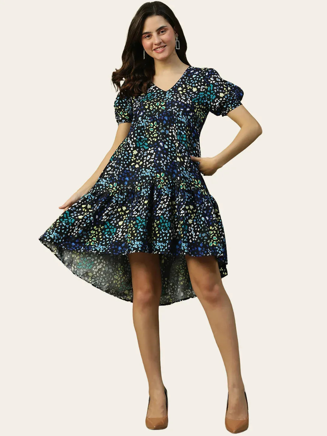 Blue Floral Print Cotton Dress