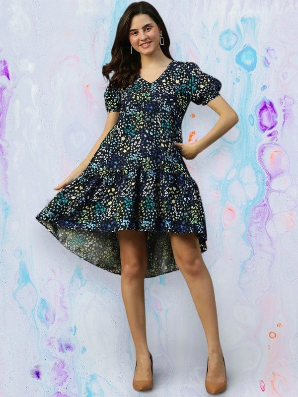 Blue Floral Print Cotton Dress