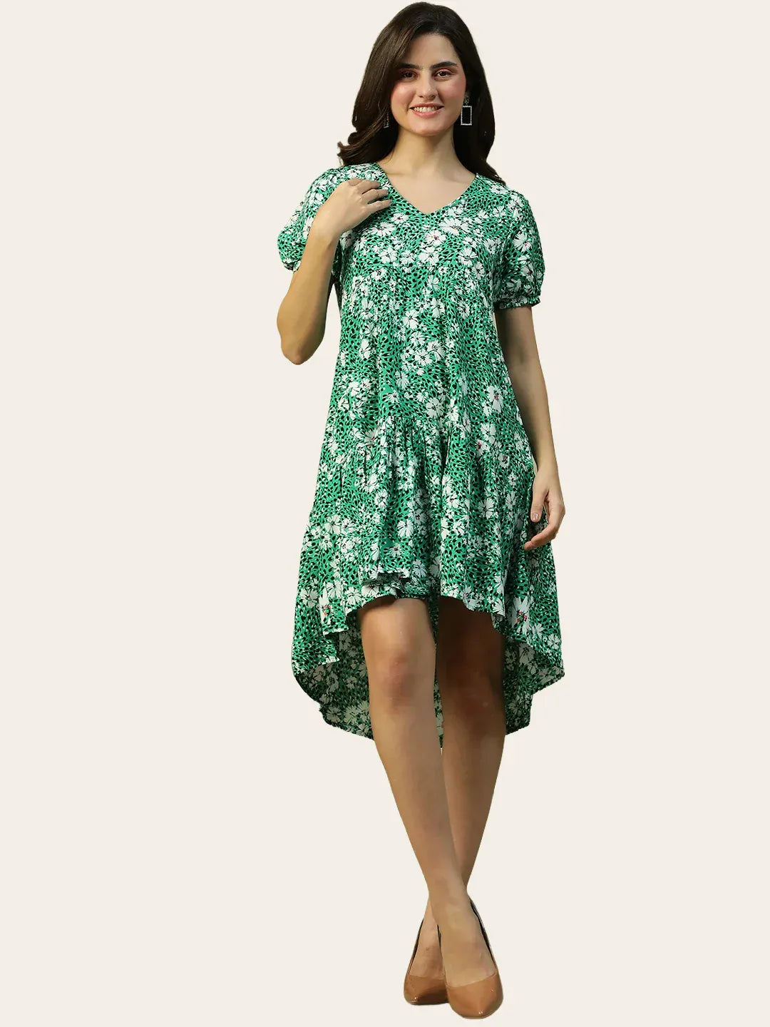 Green Floral Print Cotton Dress