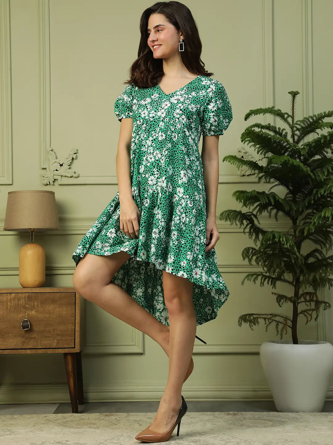 Green Floral Print Cotton Dress