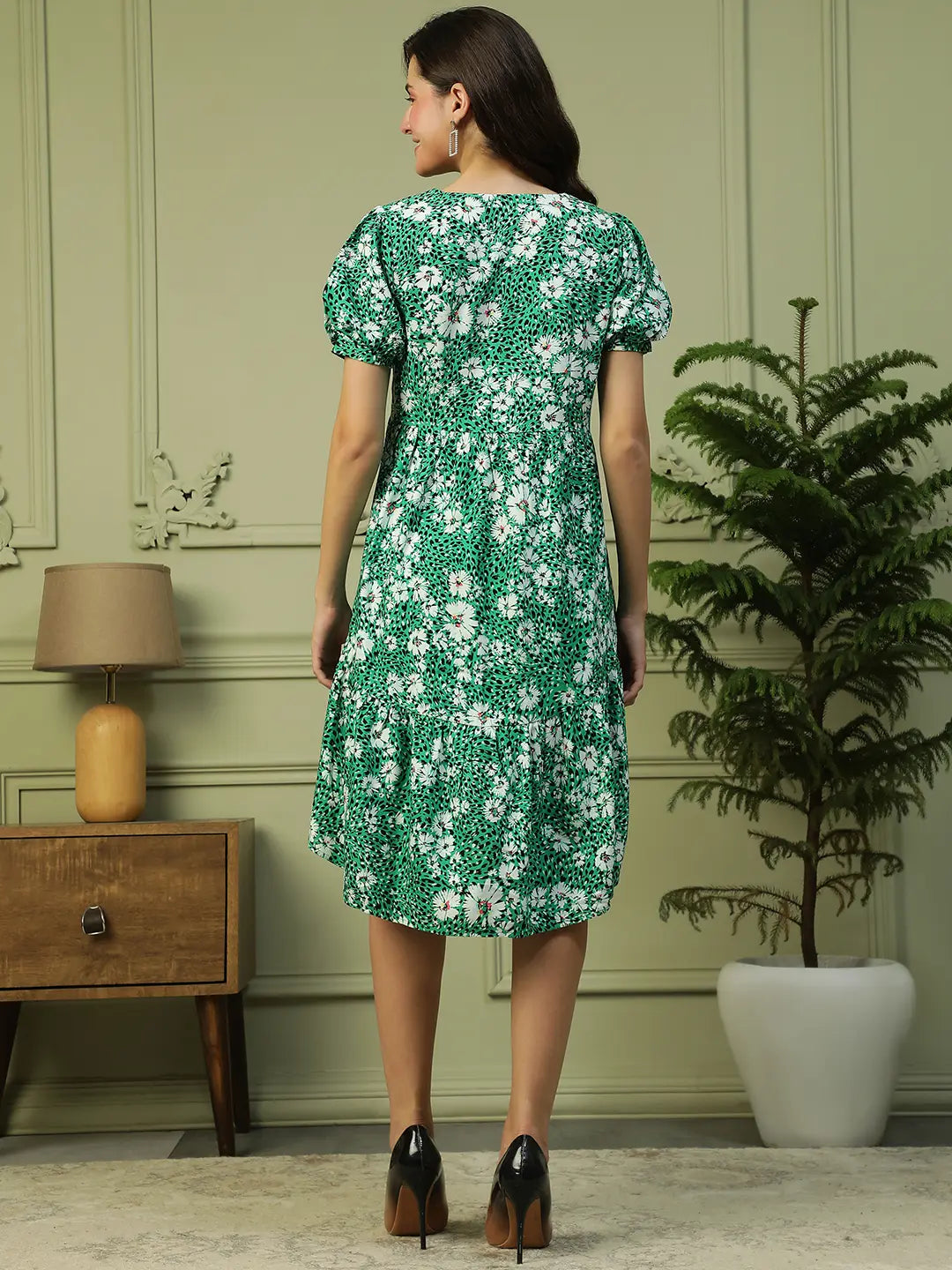 Green Floral Print Cotton Dress