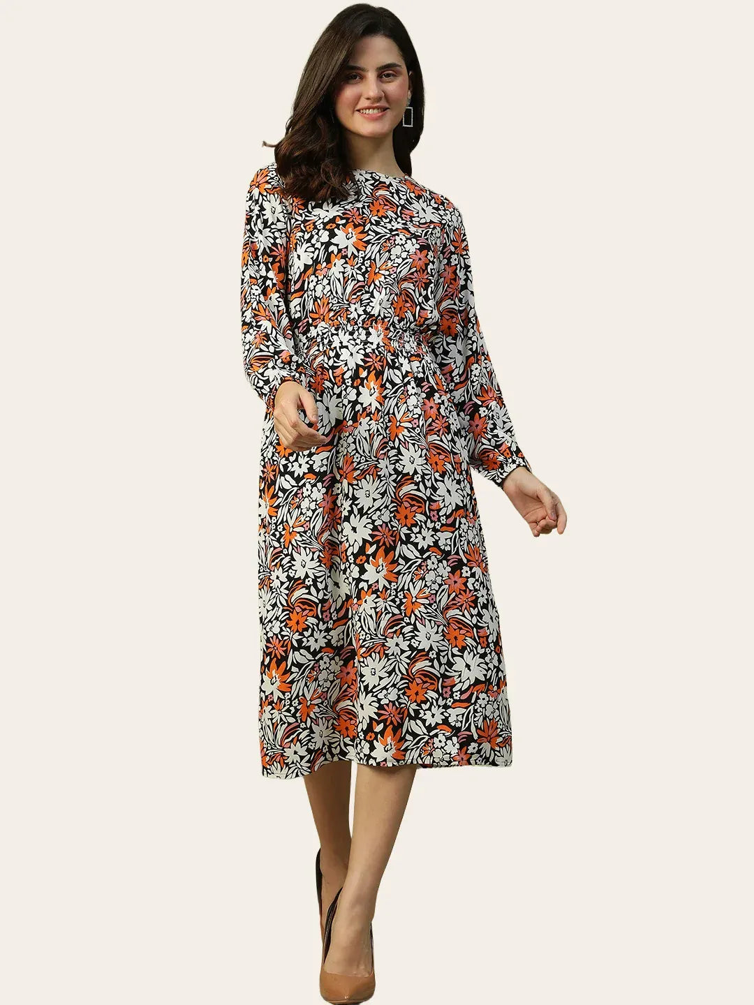 Women Multicolor Floral Viscose Long Sleeve, Elastic Dress