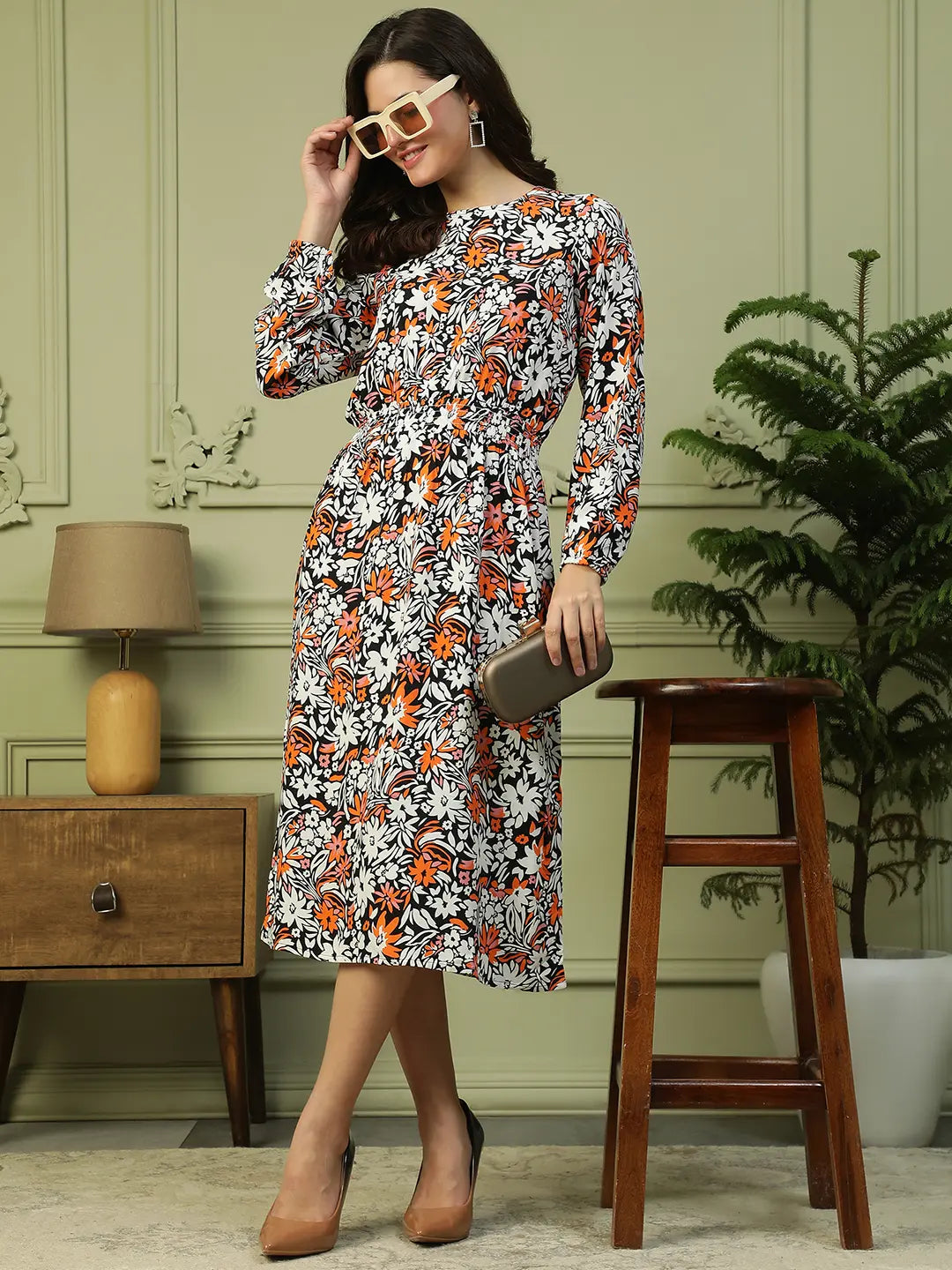 Women Multicolor Floral Viscose Long Sleeve, Elastic Dress