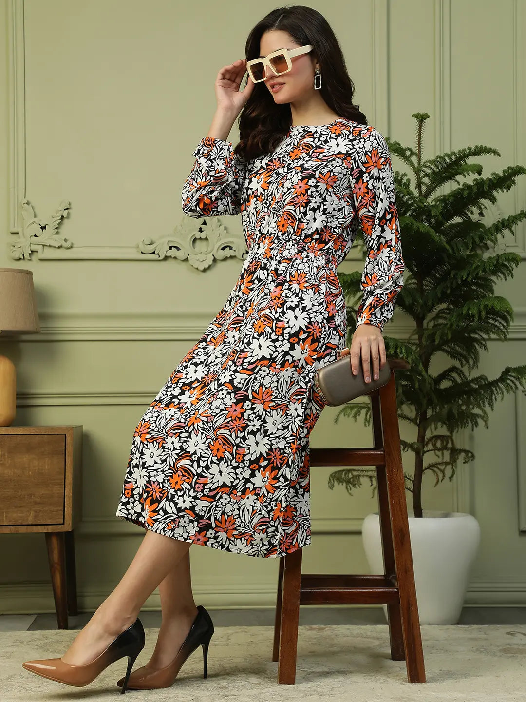 Women Multicolor Floral Viscose Long Sleeve, Elastic Dress