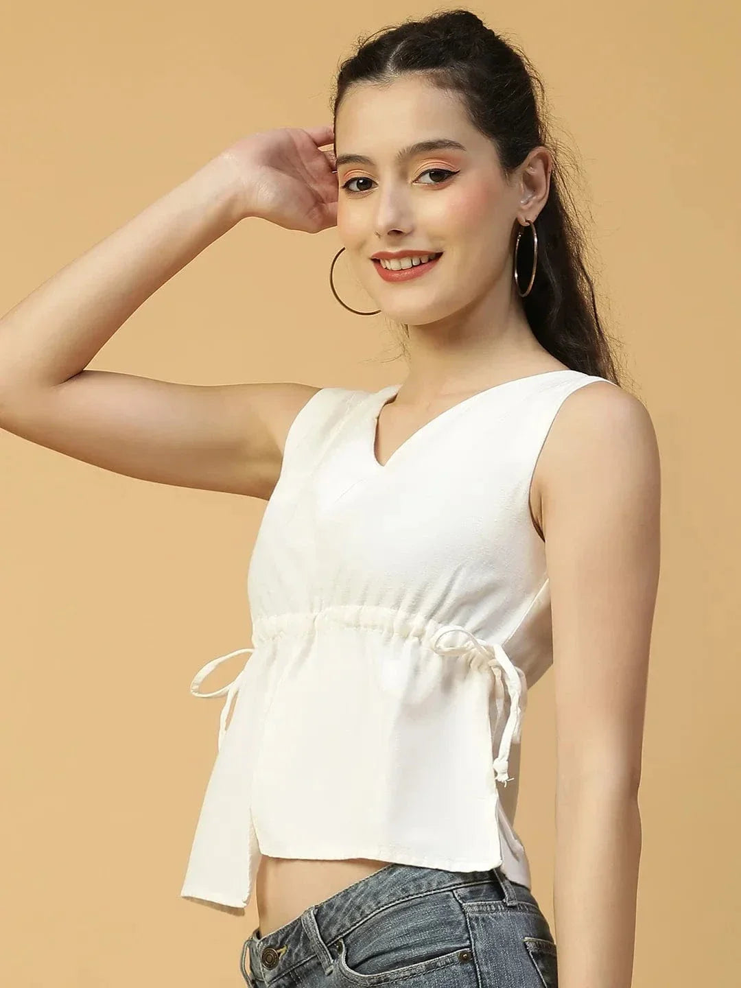 Solid White Elasticated With Adjustable Tie-Up String Sleeveless Women Cotton Top - oxolloxo