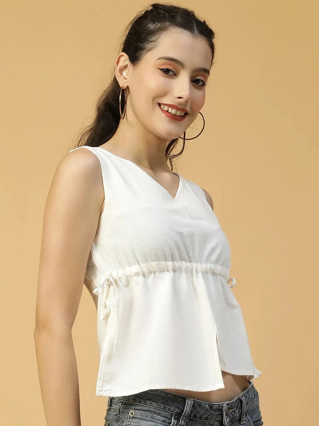 Solid White Elasticated With Adjustable Tie-Up String Sleeveless Women Cotton Top - oxolloxo