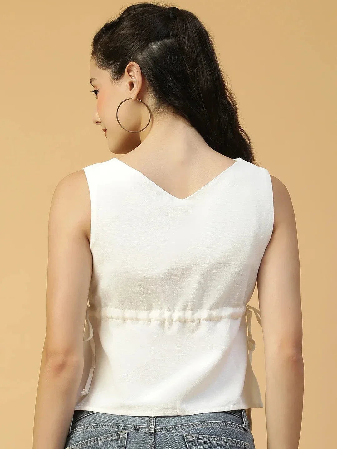 Solid White Elasticated With Adjustable Tie-Up String Sleeveless Women Cotton Top - oxolloxo