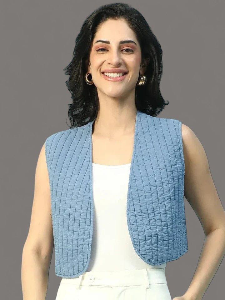 Pacific Blue Sleeveless Cotton Quilted Women Shrug