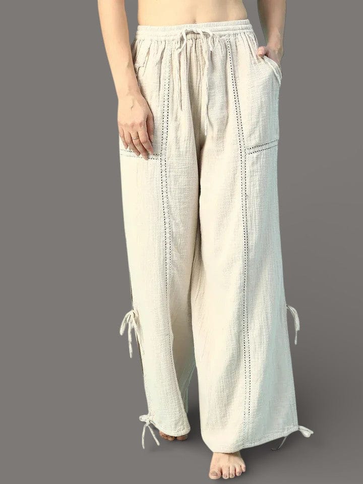 Women Beige Cotton Elastic Waist with Tie-Up Beachwear Pant