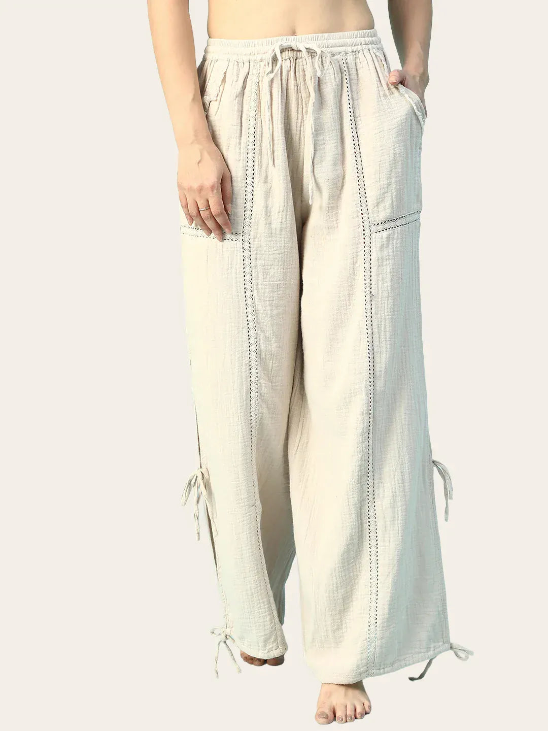 Women Beige Cotton Elastic Waist with Tie-Up Beachwear Pant