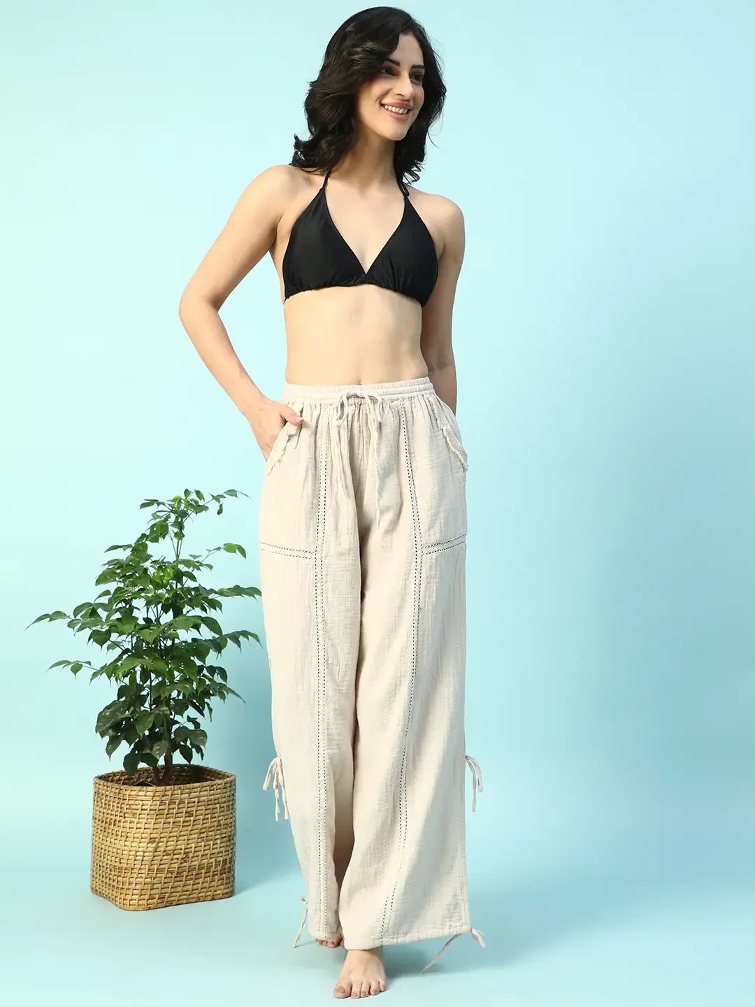 Women Beige Cotton Elastic Waist with Tie-Up Beachwear Pant