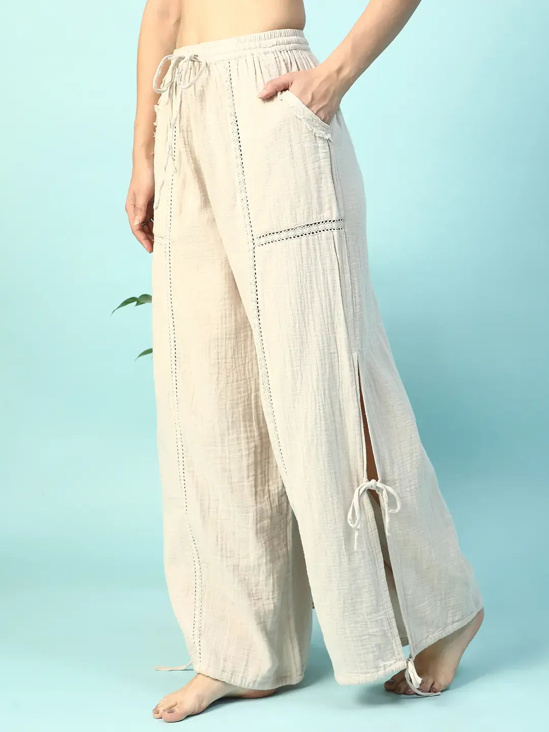Women Beige Cotton Elastic Waist with Tie-Up Beachwear Pant