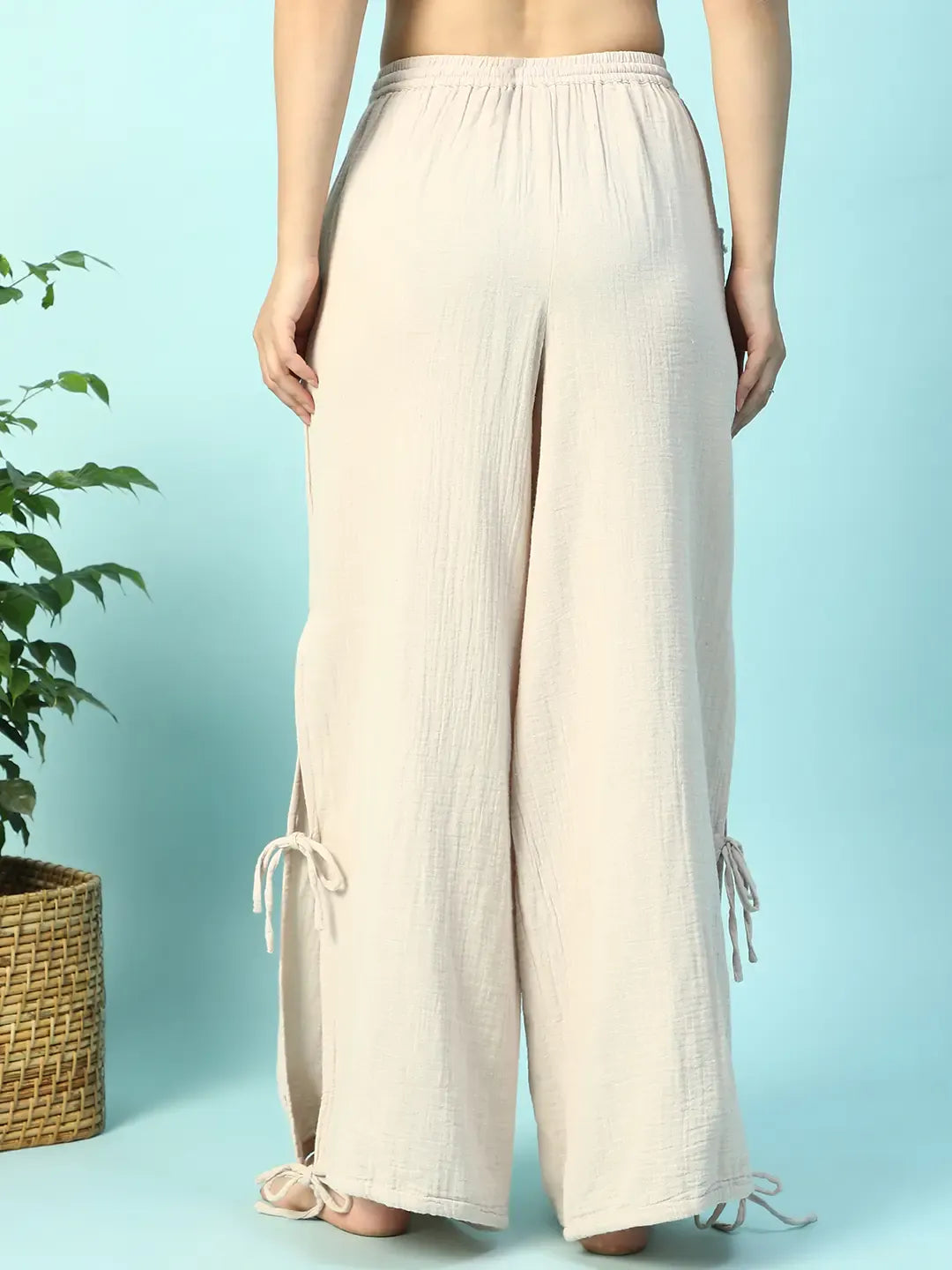 Women Beige Cotton Elastic Waist with Tie-Up Beachwear Pant