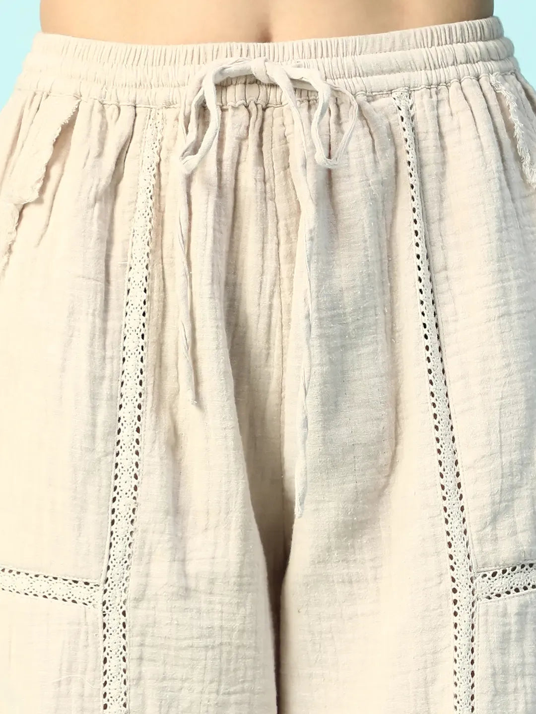 Women Beige Cotton Elastic Waist with Tie-Up Beachwear Pant