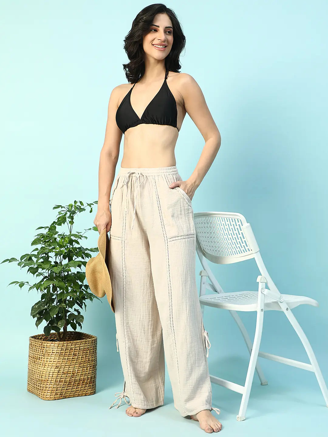 Women Beige Cotton Elastic Waist with Tie-Up Beachwear Pant