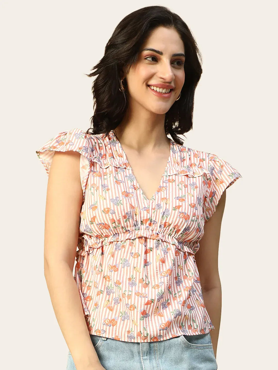 Pink Floral Print Women Peplum Top with Ruffle Detail