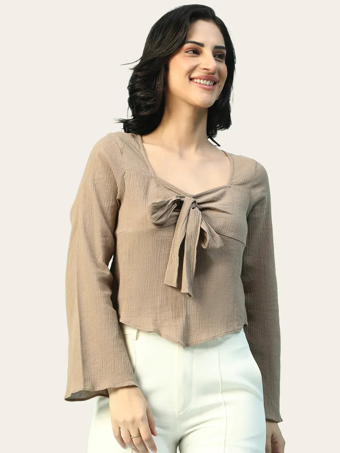 Brown Women’s Cotton Top with Tie-Knot