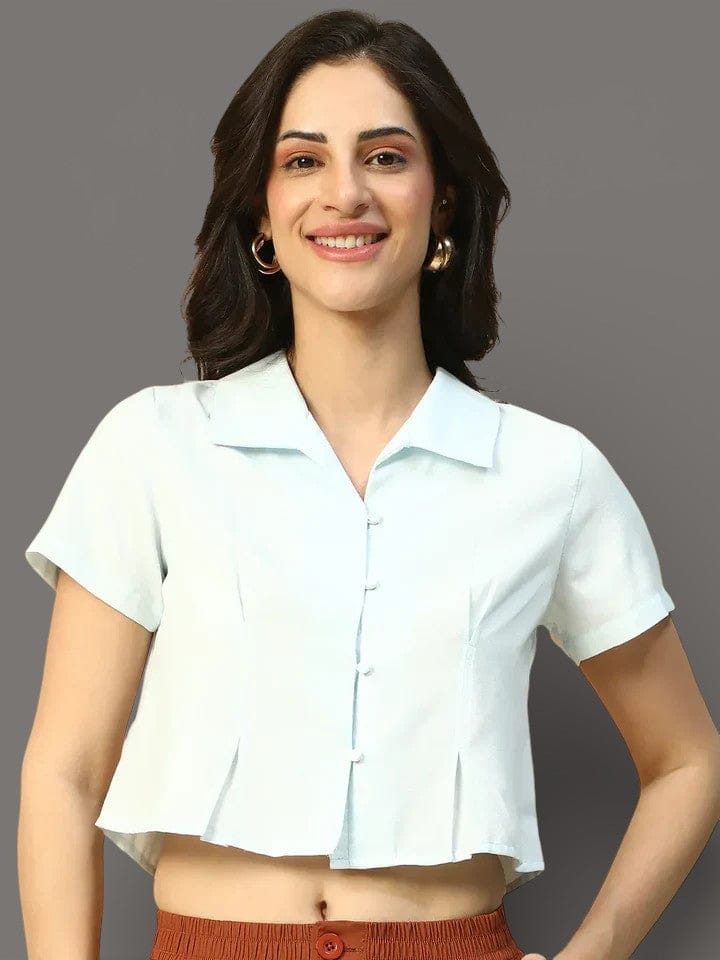 Icy Blue Collared Short Sleeve Women Shirt