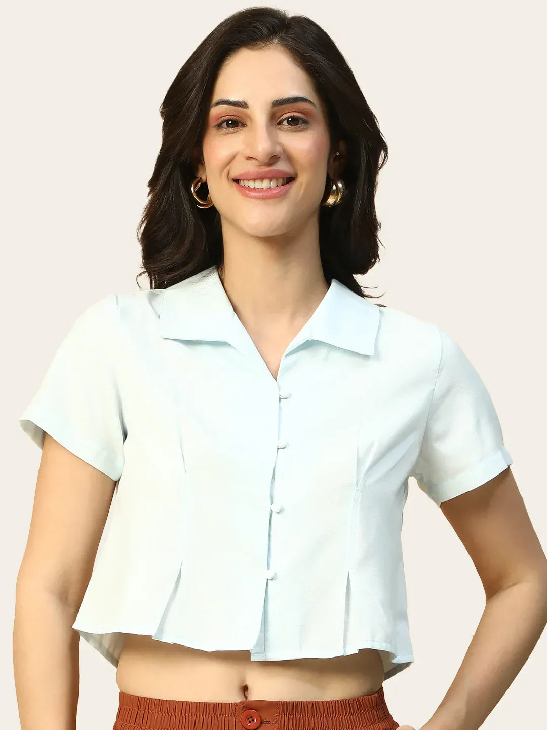 Icy Blue Collared Short Sleeve Women Shirt