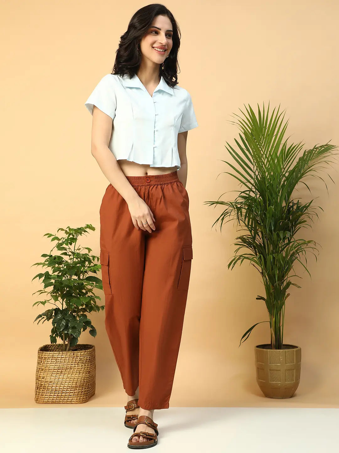 Icy Blue Collared Short Sleeve Women Shirt