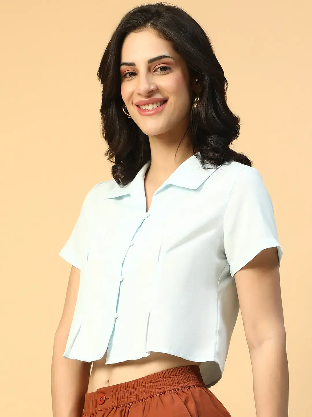 Icy Blue Collared Short Sleeve Women Shirt