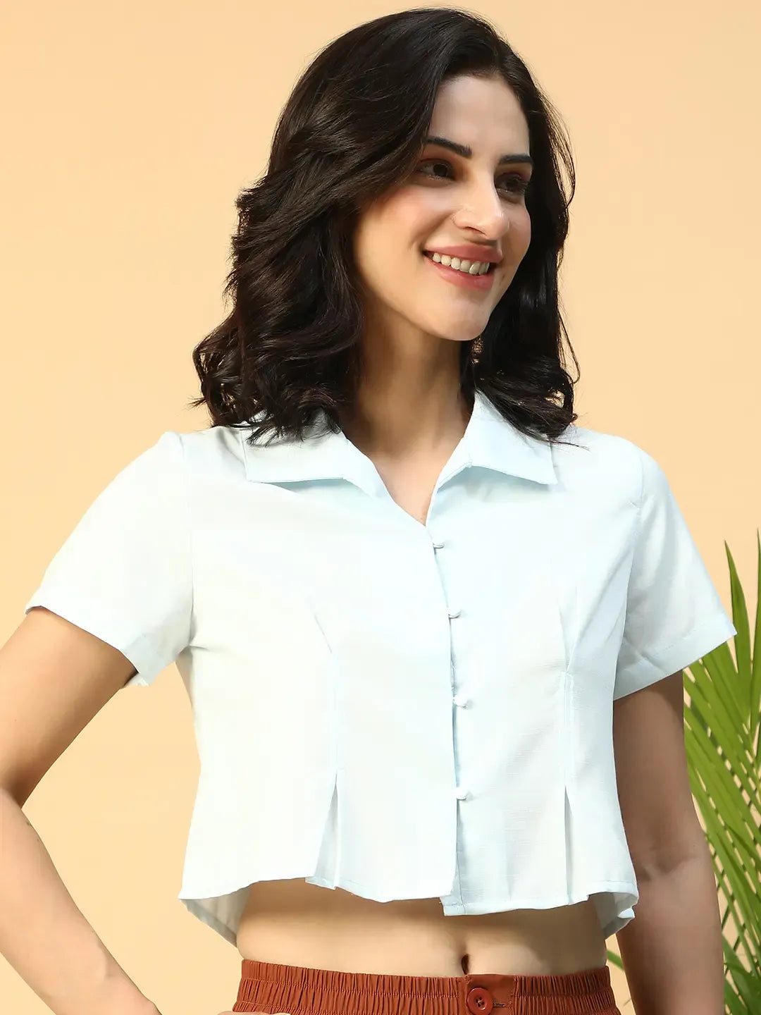 Icy Blue Collared Short Sleeve Women Shirt